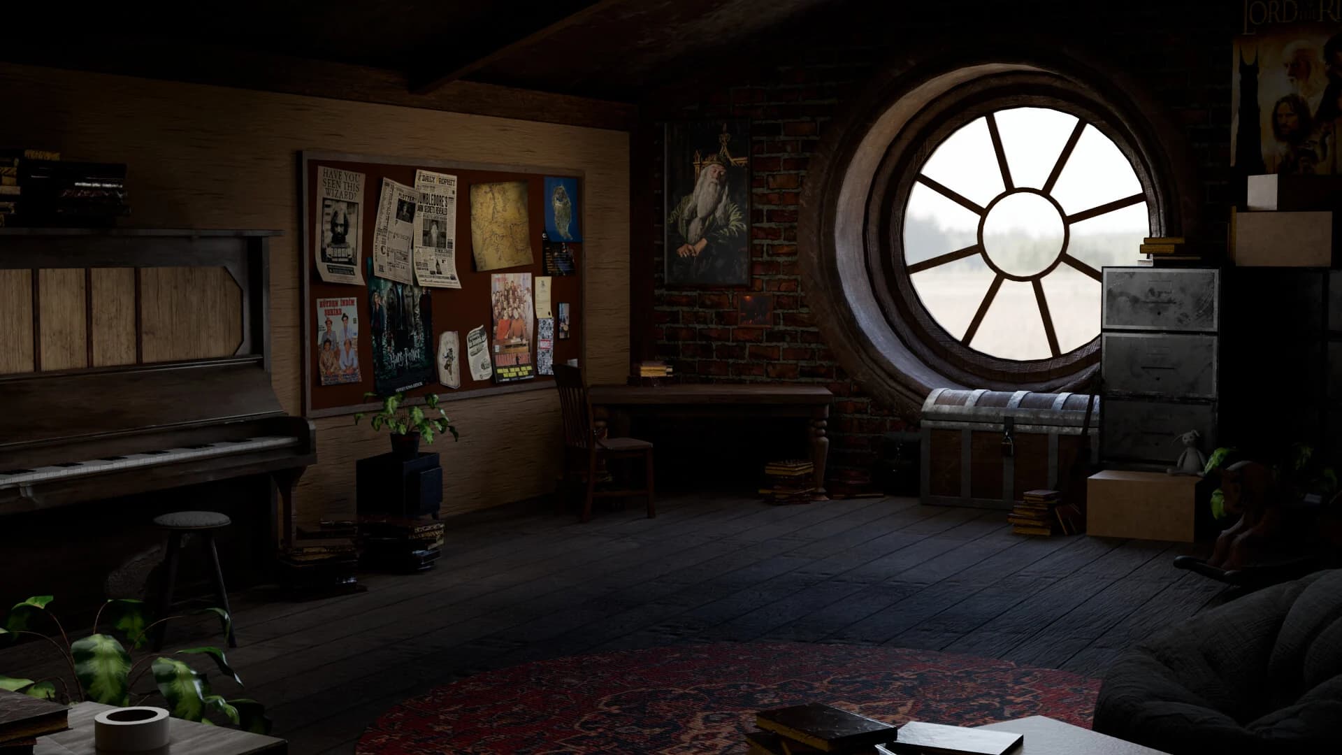 Attic room wide shot with round window and piano