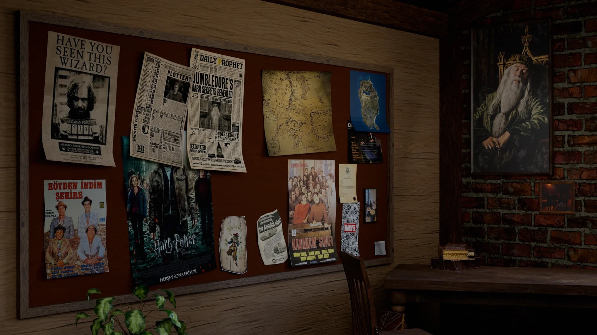 Pinboard covered with film posters and newspapers