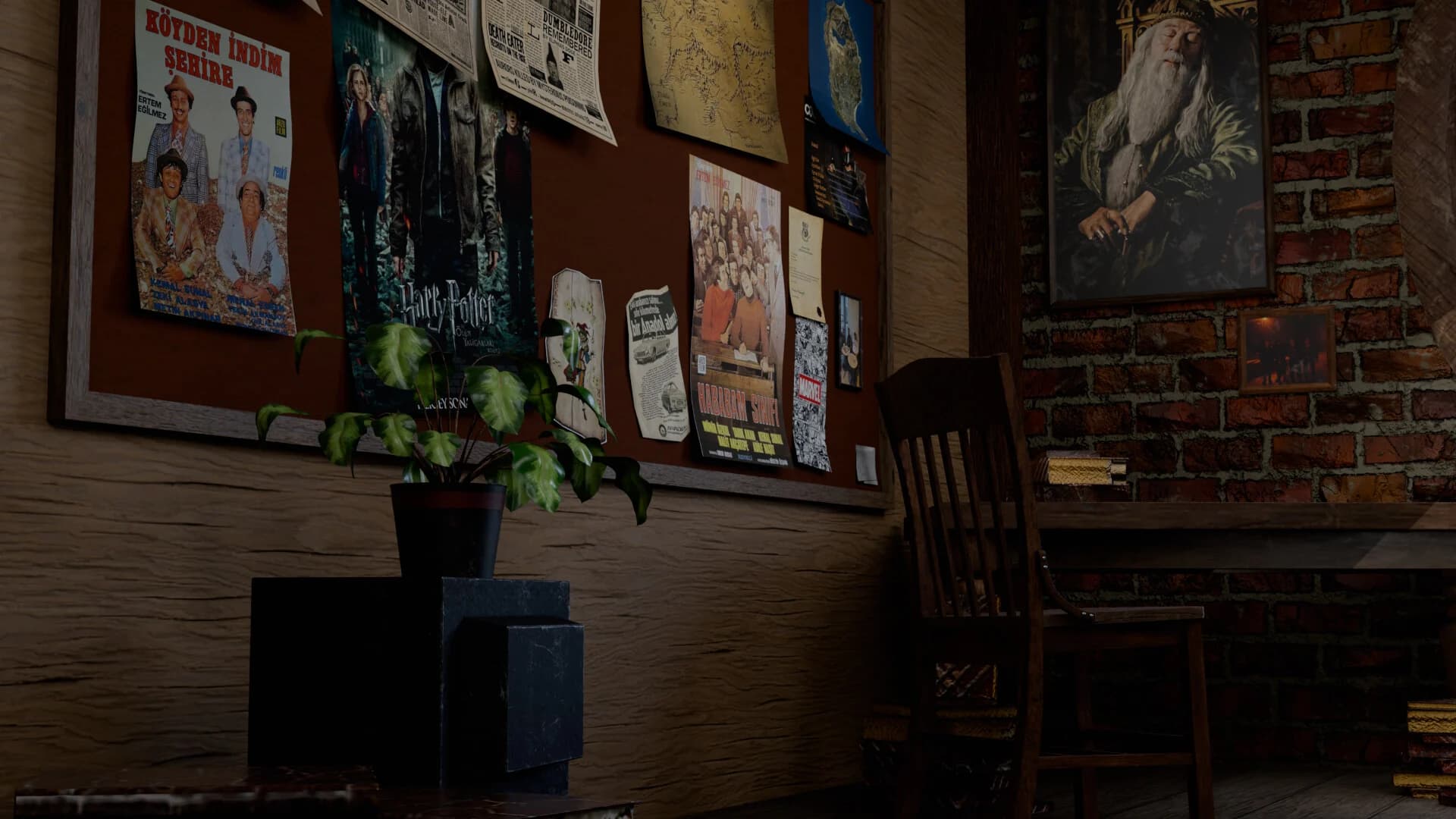 Low angle of the pinboard, plant and chair