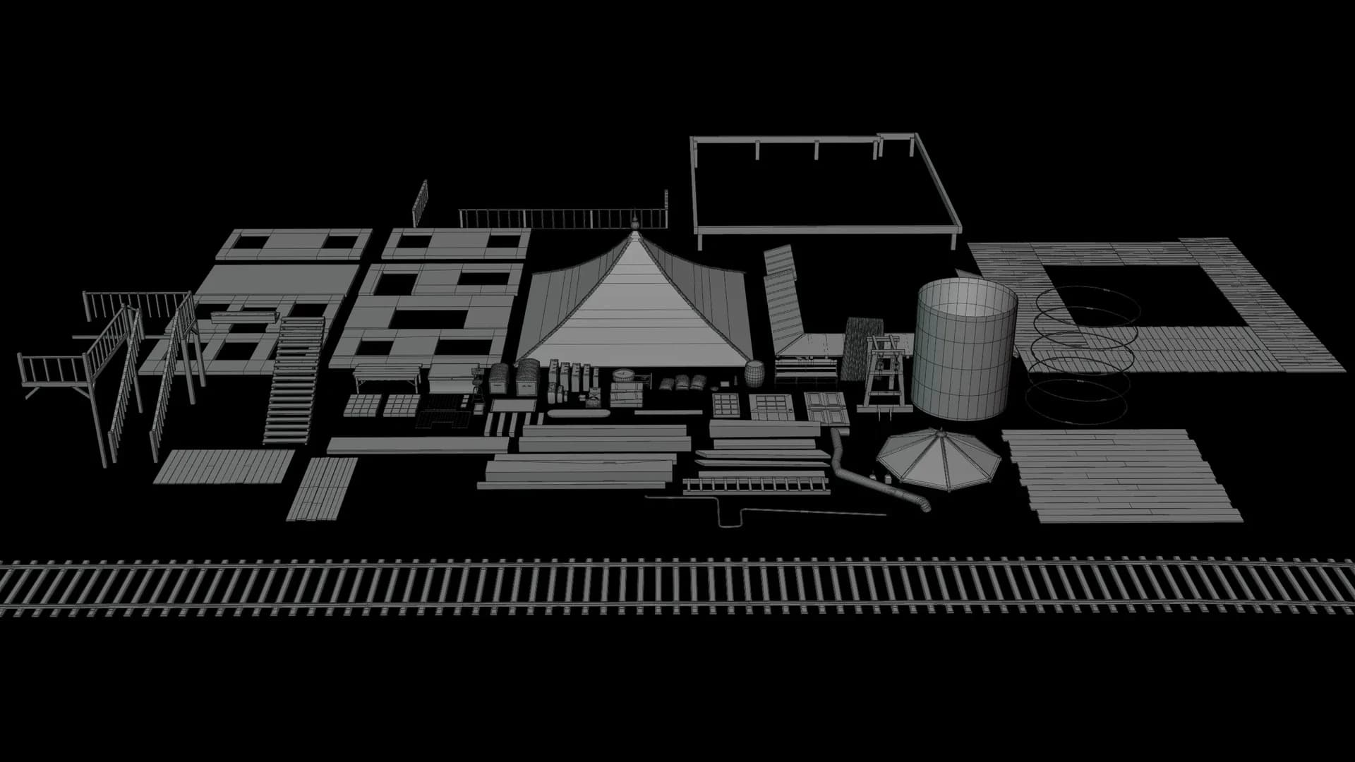 Red Dead Redemption 2-Inspired Environment Scene — Modular Kit — Wireframe