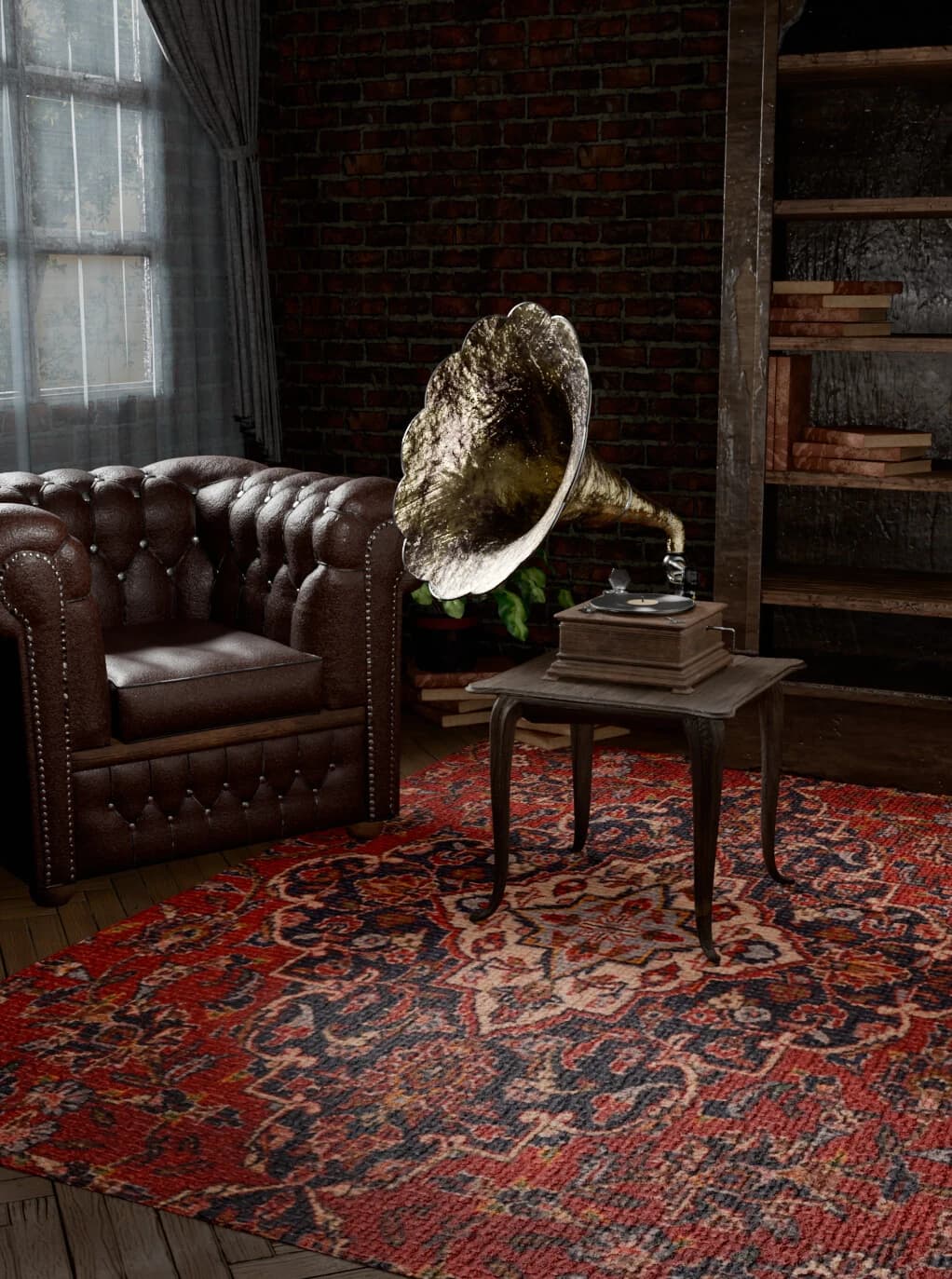 Armchair, gramophone and bookshelf in soft light