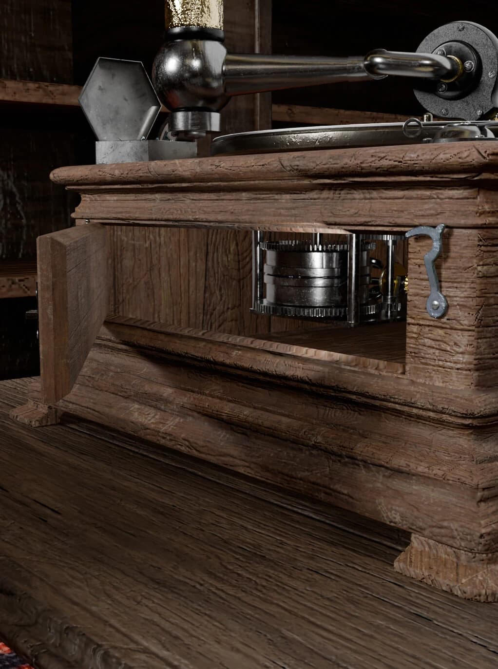 Open gramophone cabinet showing the spring motor