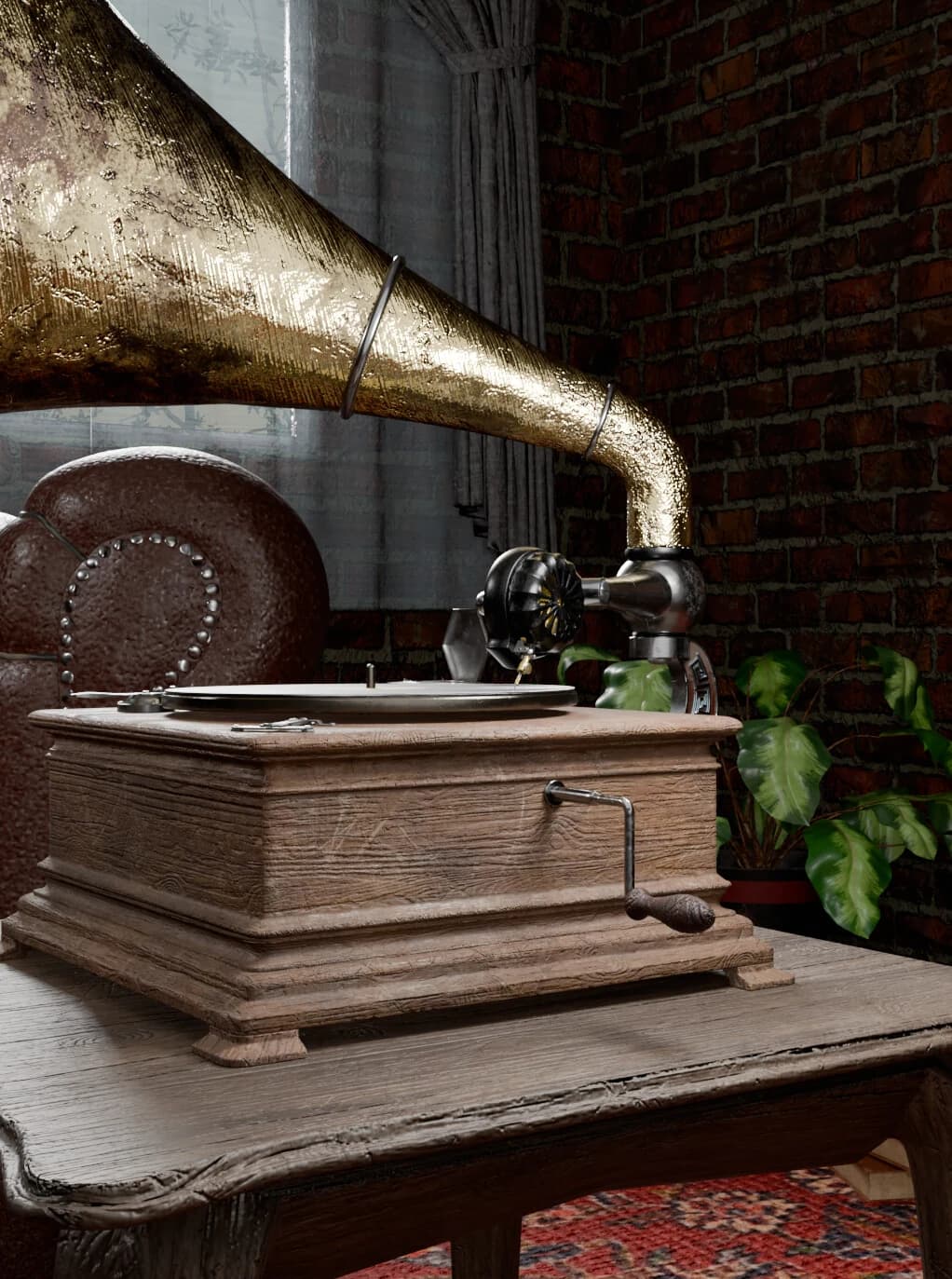 Brass horn and wooden body of the gramophone