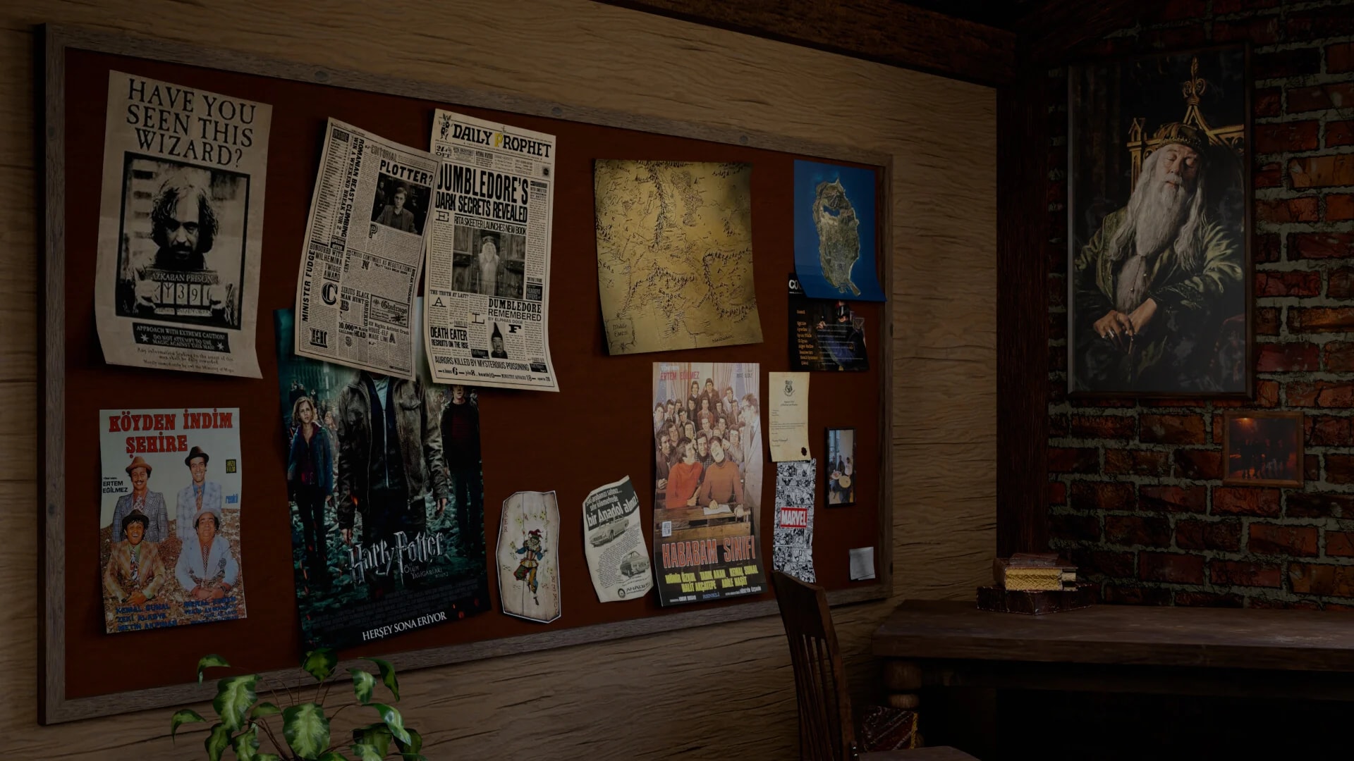 Pinboard covered with film posters and newspapers
