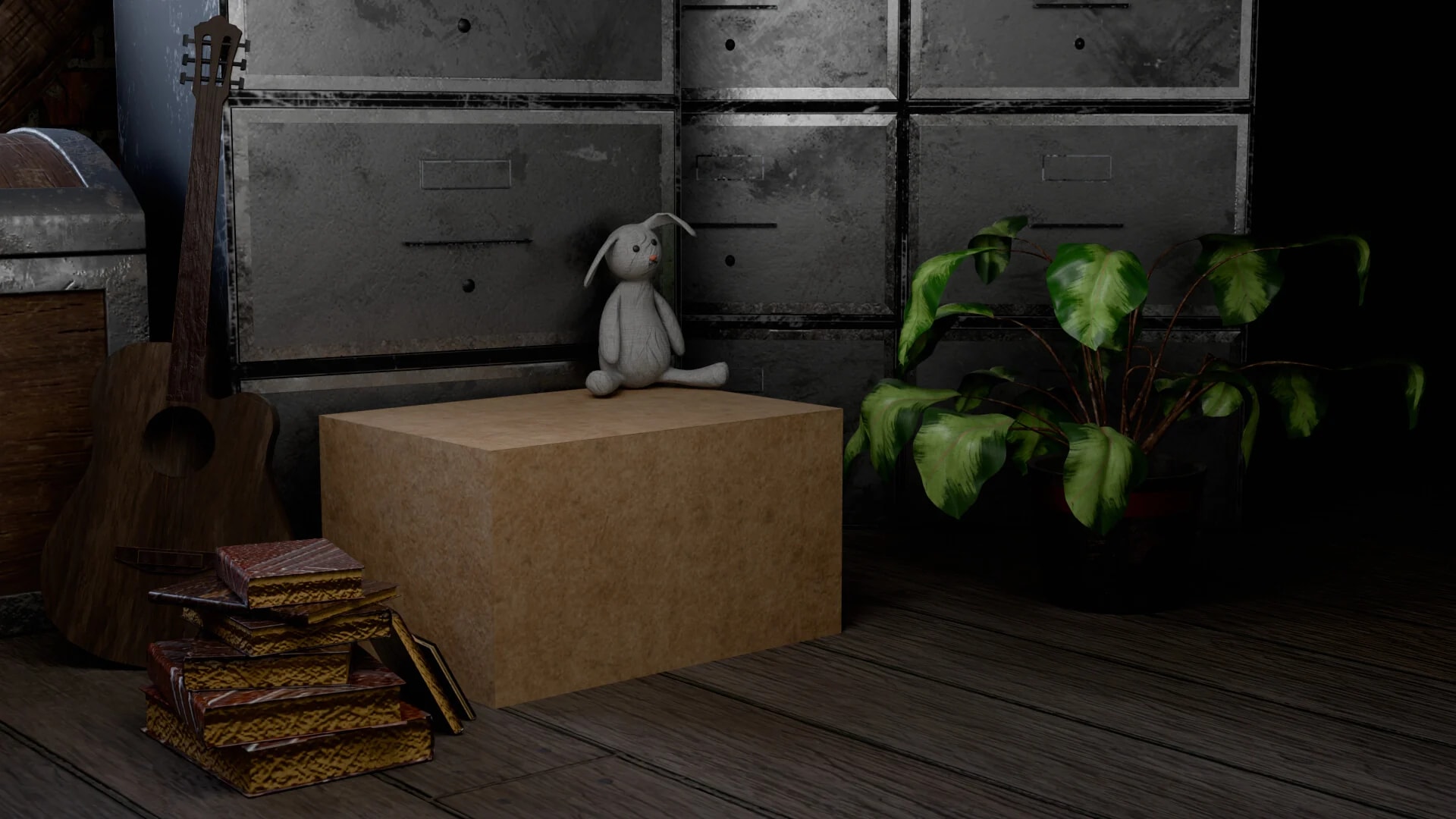Toy rabbit on a cardboard box beside metal drawers