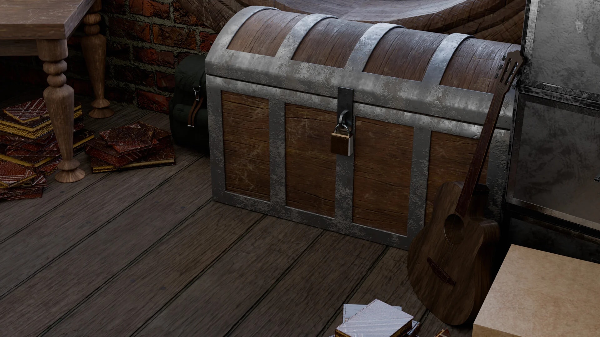 Wooden chest with metal bands and padlock