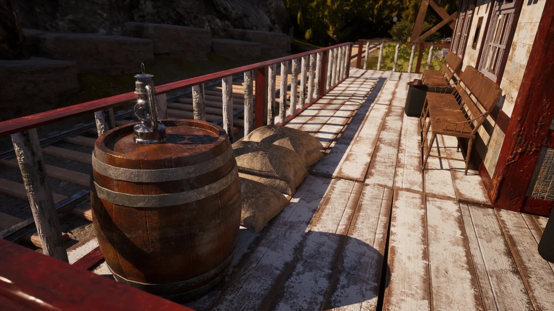 Station platform with barrel, lantern and grain sacks